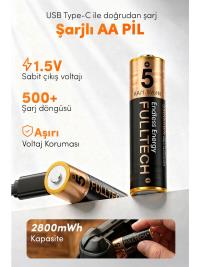 Fulltech FP28 Şarjlı AA Pil 2800mWh 1.5V Type-C Lithium-ion Rechargeable Battery 2’li Paket Hızlı Şarjlı